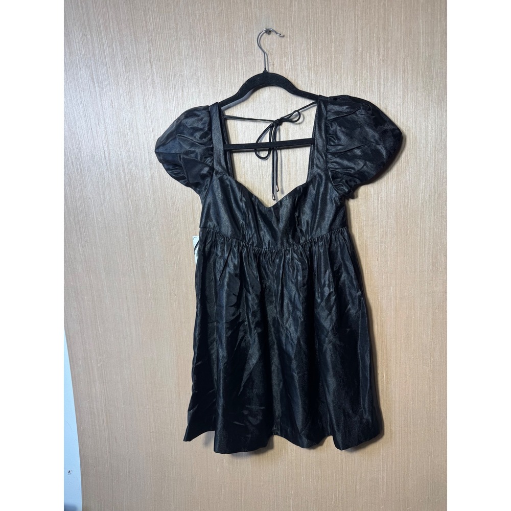Free People Vita Black Satin Puff Sleeve Babydoll Mini Dress Sweetheart Neck NWT